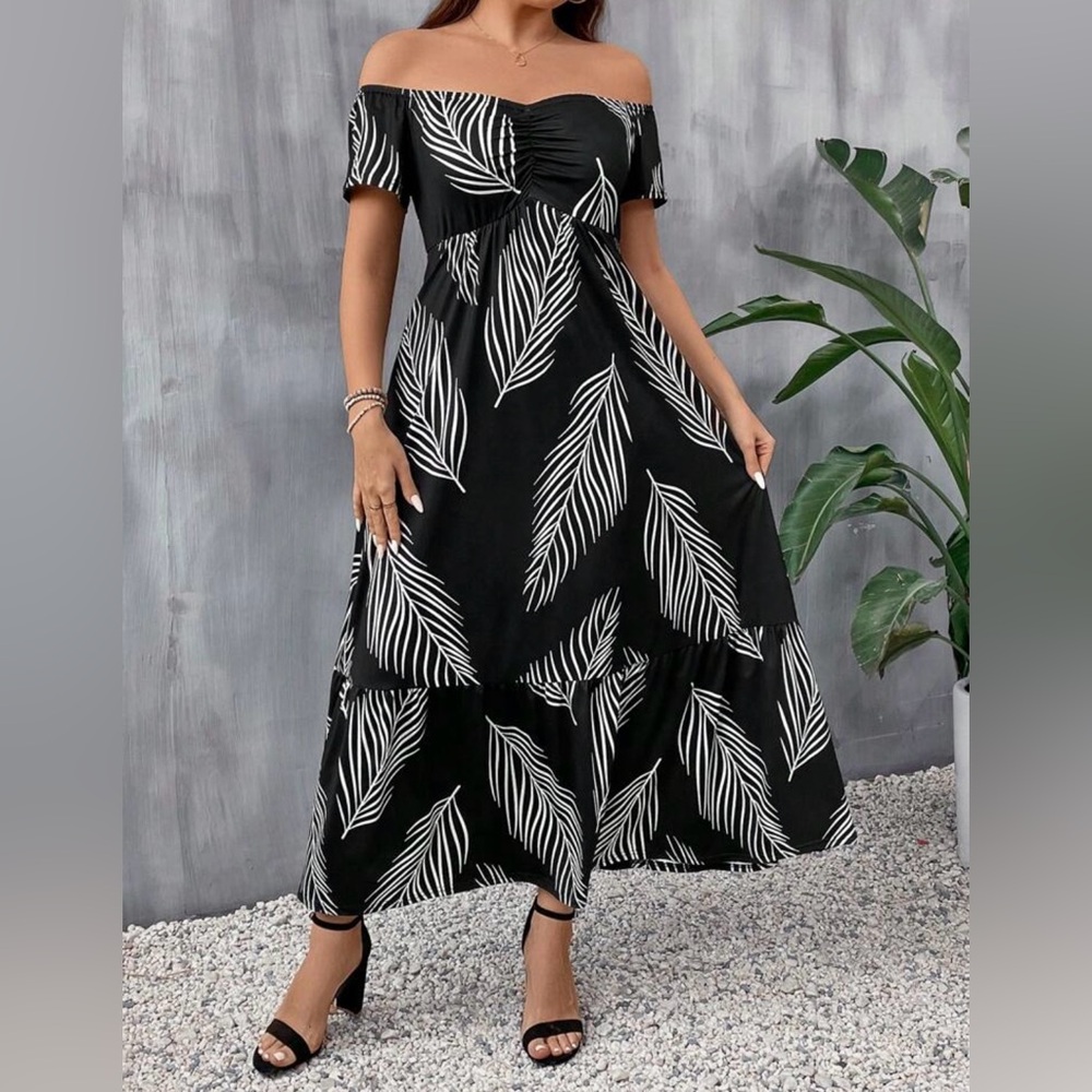Summer Vacation Style, Tropical Plant Print, Ruched Off Shoulder, Maxi style